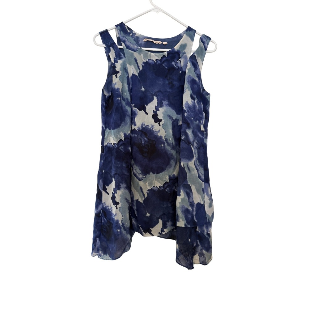 Soft Surroundings Tunic Women XS Blue Watercolor Cutout Shoulder Tulip Hem Top